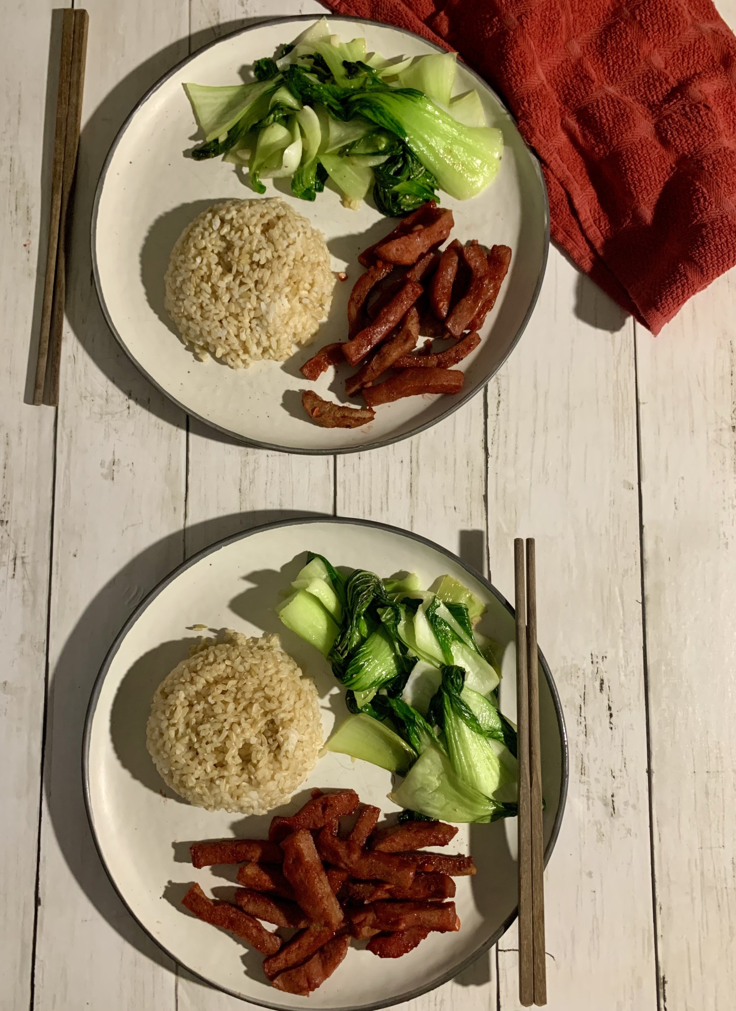 Vegan char siu served with rice and bok choy